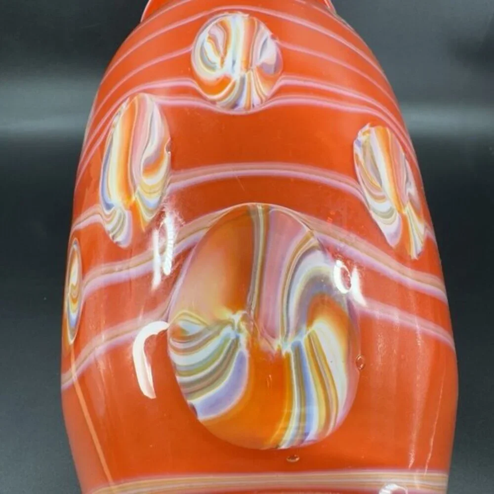 Tall Art Glass Vase Vessel Mushroom Top Orange With White Swirl Glass Vase 12inc